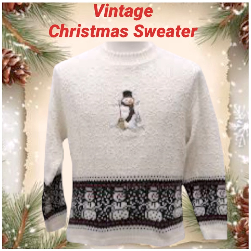Vintage Christmas Sweater 80s USA Made Snowman Chunky Textured Snowflake Size XL